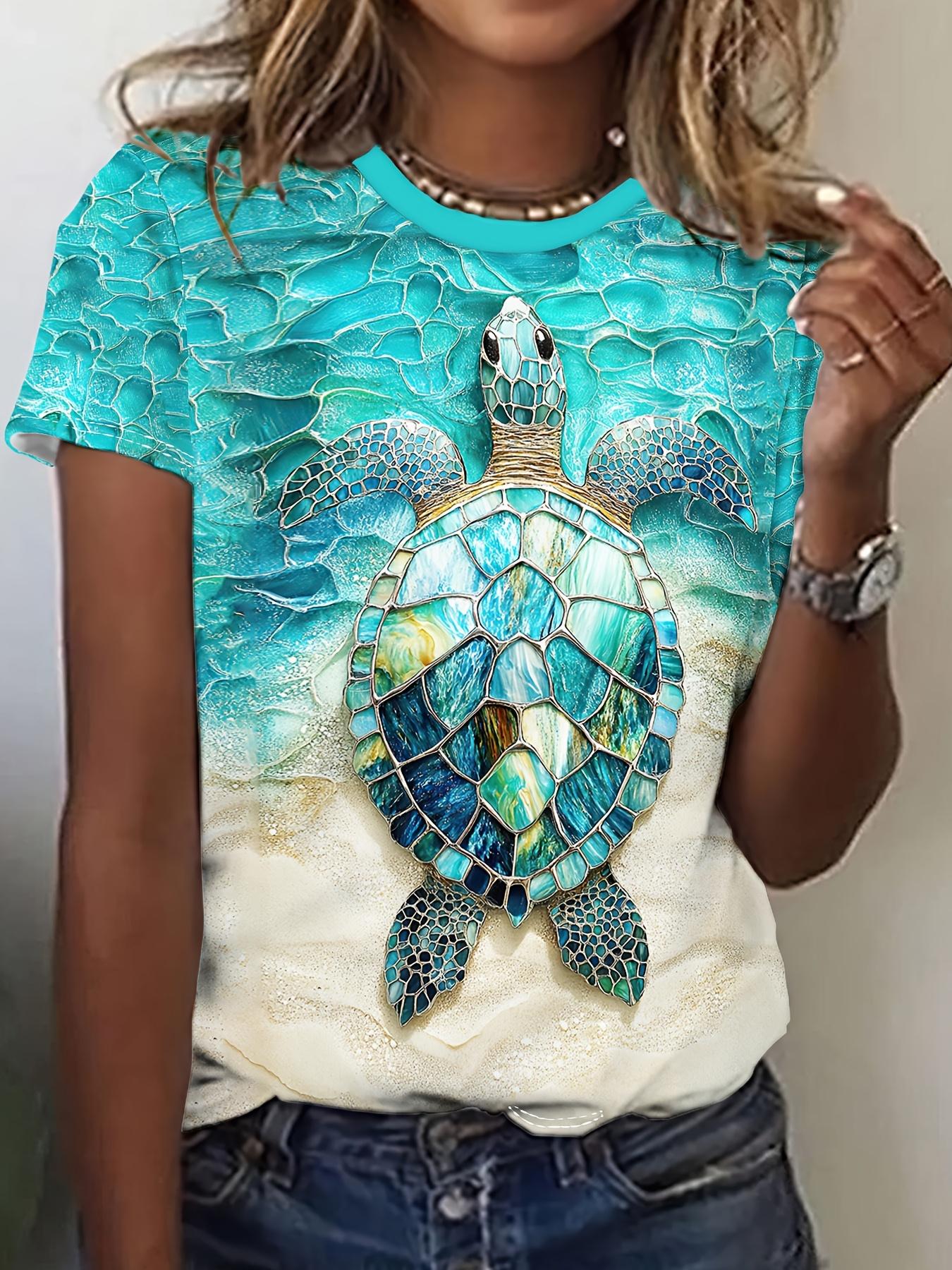 

Women s Casual Short Sleeve T-Shirt with Vivid Turtle Mosaic Art Print - Turquoise and Gold Summer Top, Crew Neck, Machine Washable XL