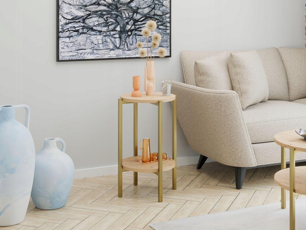 Modern Round Side Table with Shelf 35x35x62 Cm Metal Gold