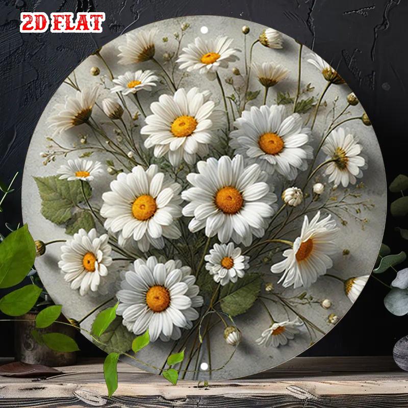 Daisy Bouquet Round Metal Sign Farmhouse Floral Aluminum Decor for Bedroom Cafe