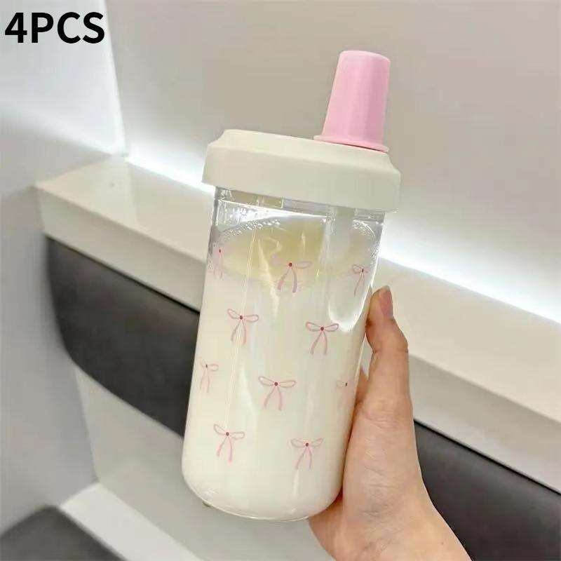 Bow Glass Cup with Transparent Straw, Cute Portable Water Bottle for Outdoor School Use, Ideal for Drinking At Home & Travel