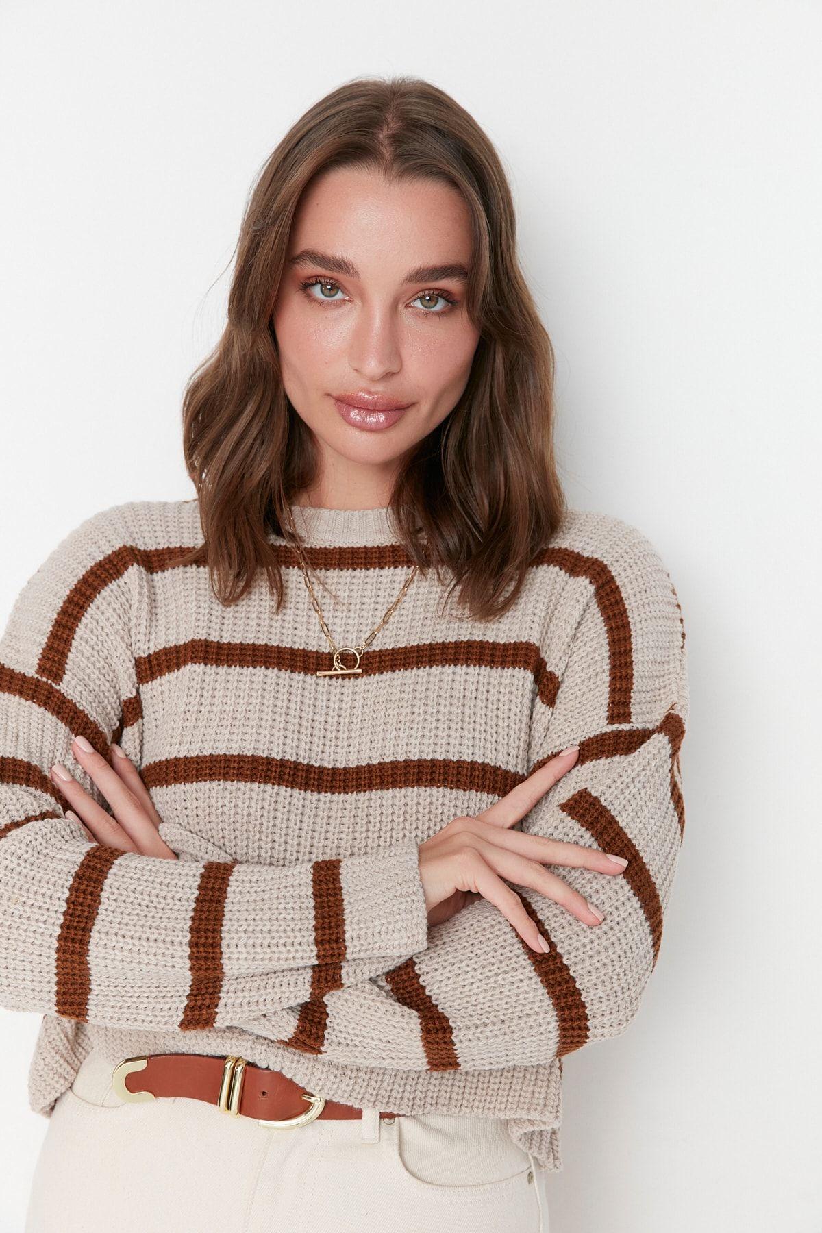 

Women s Elegance Style Sweater Stone Crop Basic Striped Knitwear Sweater M