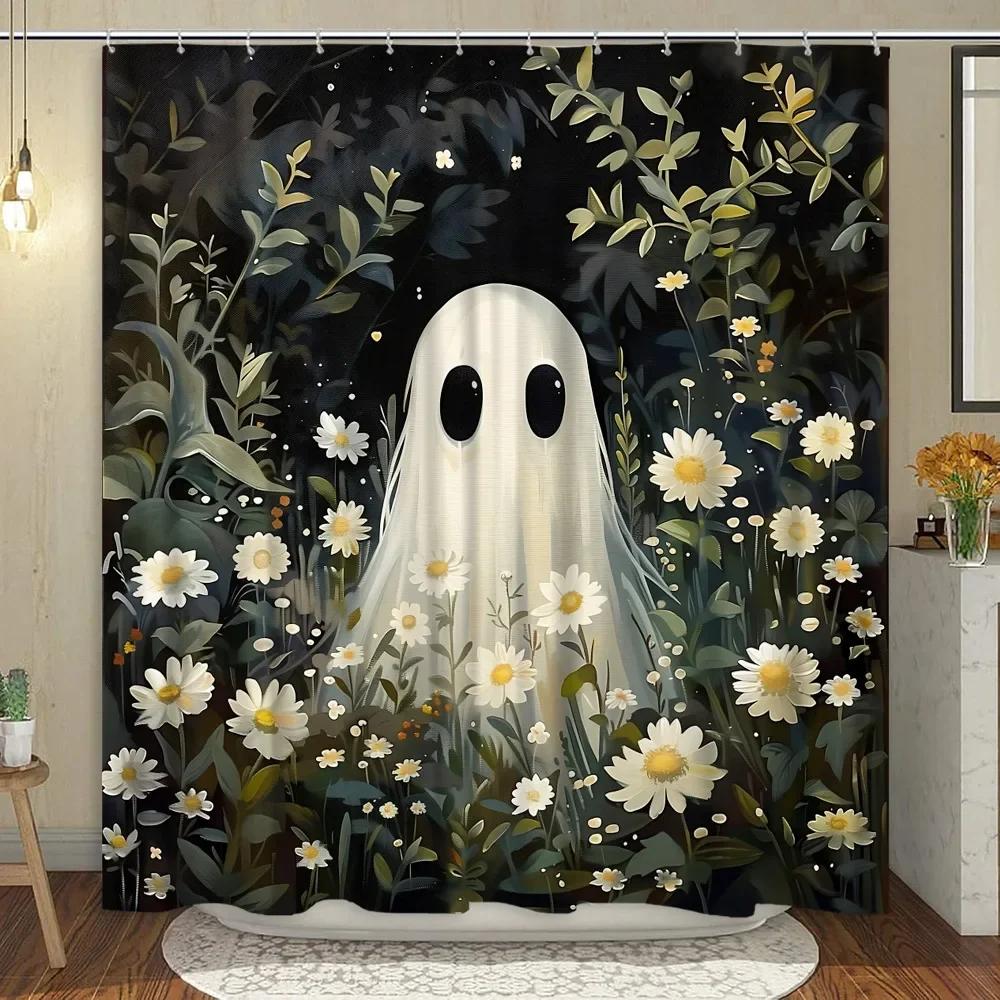 Cute Ghost Shower Curtain Cartoon Spooky Flower Plant Candle Watercolour Modern Home Polyester Fabric Bathroom Decor Curtain Set