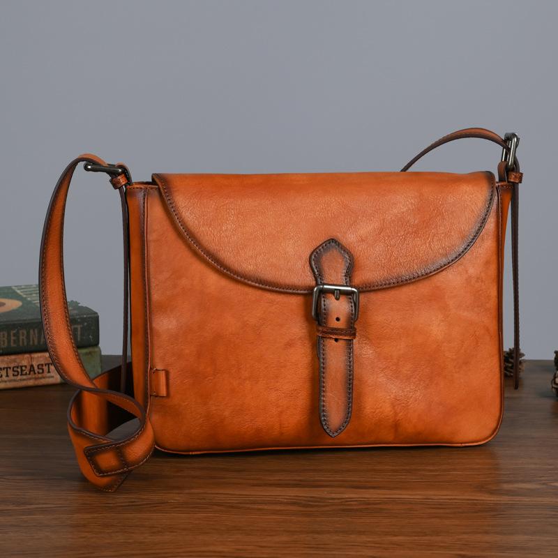 Men's Casual Instagram Style Practical and Versatile Unisex Diagonal Cross Bag Mailman Bag Fashion Bag Cowhide Top Layer Tree Cream