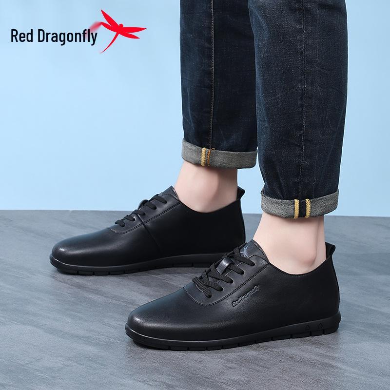 Red Dragonfly Men's Waterproof Leather Casual Shoes - Winter Soft Sole, Flat Bottom, Black