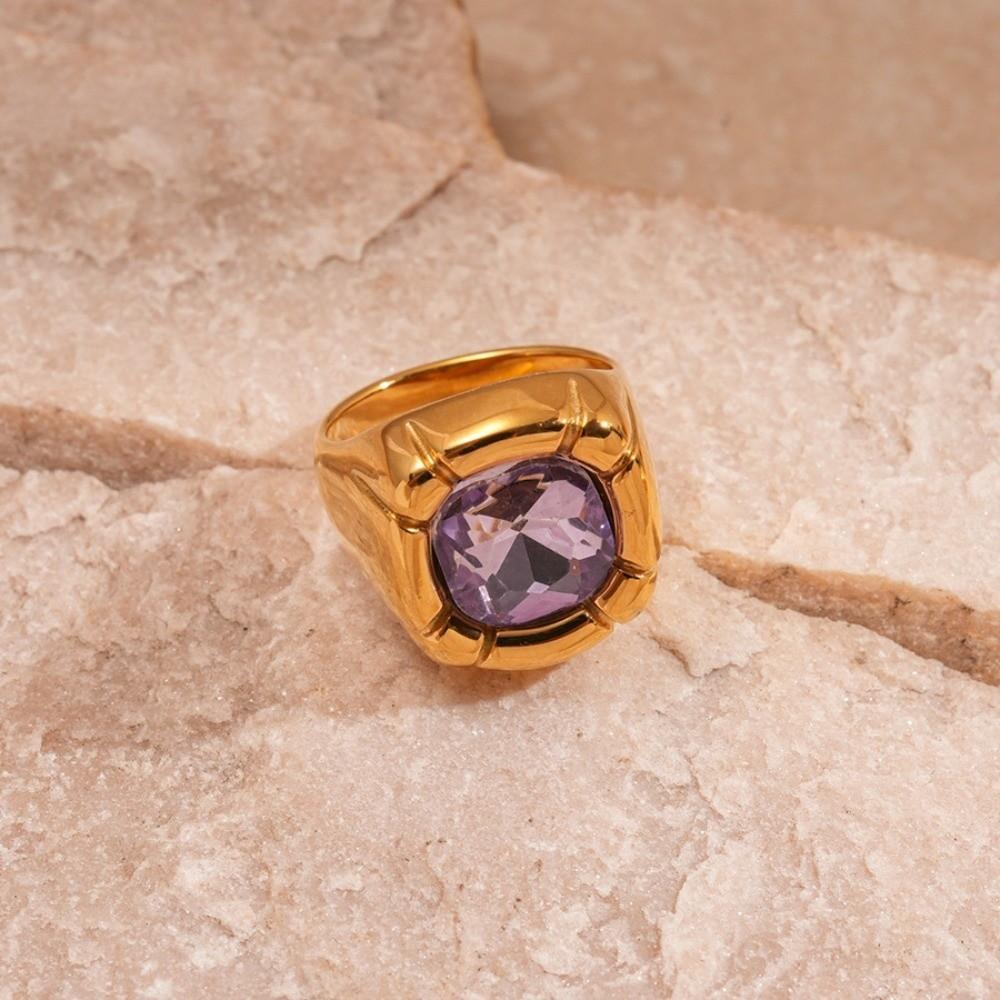 Stainless Steel Square Crystal Ring Zircon Exaggerated Ring  Gift for Girlfriend