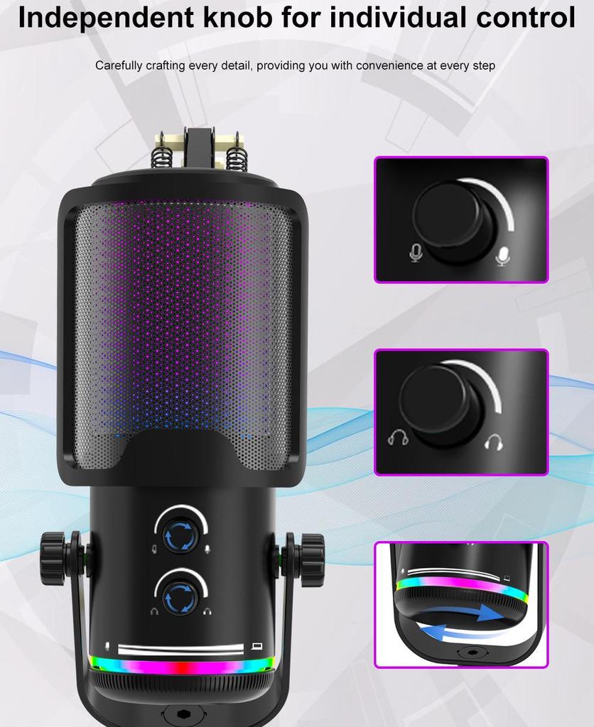 USB Capacitive Microphone with Noise Reduction & RGB Lights for Computer, Phone Recording, Gaming, Streaming & Video
