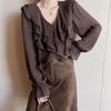 Women's Dark Brown Ruffled V-Neck Long Sleeve Blouse Elegant Lantern Sleeve Casual Office Work Shirt Top