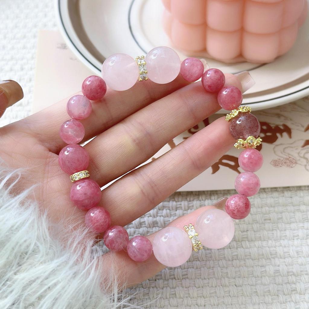 Garden Spring Colors: Red Veined Stone, Rose Cherry Blossom, Pink Crystal Strawberry Mixed Bracelet