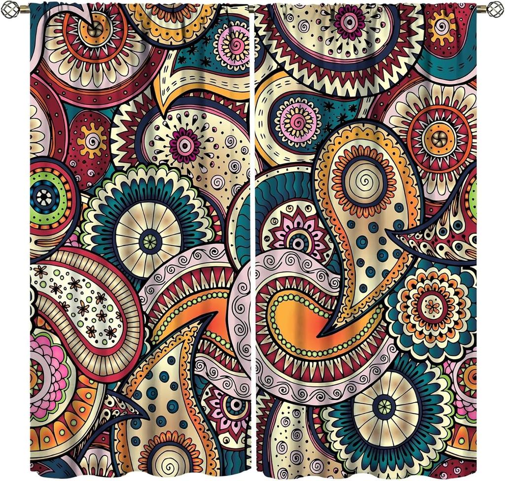 Bohemian Curtains South Asian Ethnic Vintage Floral Pattern Mandala Paisley Curtain with Rod Pocket for Bedroom Living Room Home