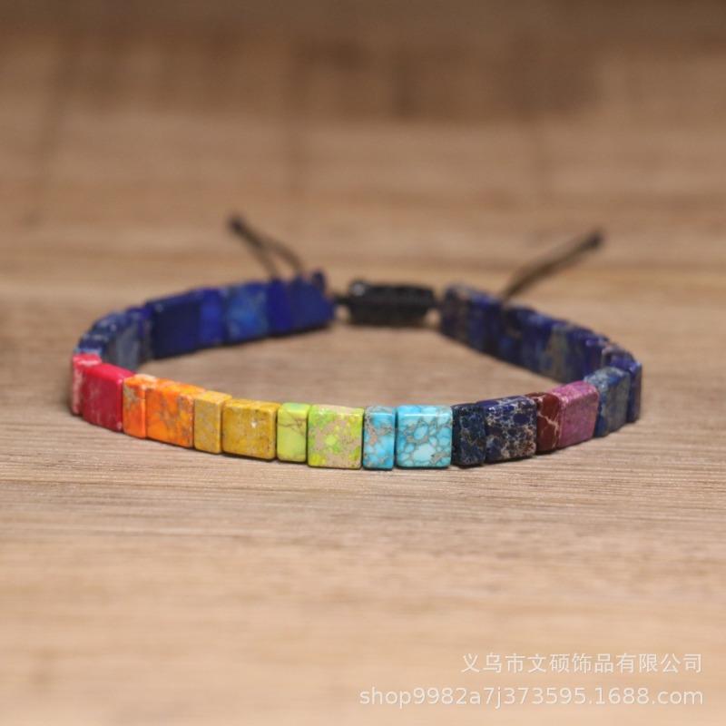 Rainbow Chakra Square Bead Bracelet – Adjustable Boho Jewelry, Energy Balance Joy Gift for Men & Women