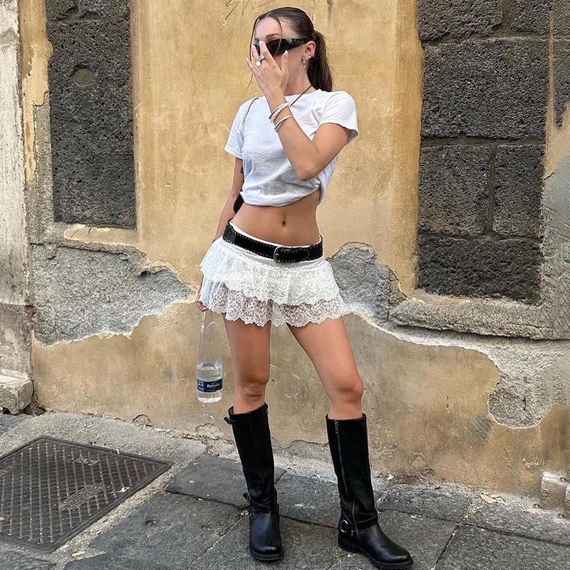 2024 Summer Street Style Low-Waist Lace Patchwork A-Line Mini Skirt for Women