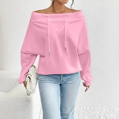 Fashion Women’S Solid Color Off Shoulder One Collar Tops Long Sleeve Casual Trendy Loose Drawstring Pullover Sweatshirts Female