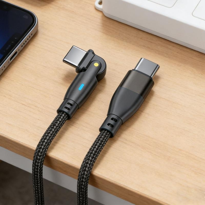 60W Power Type C Cable with Led Lighting Nylon Wrapped USB C Fast Charge Cord 180 Degree Adjustable Heads For Convenient