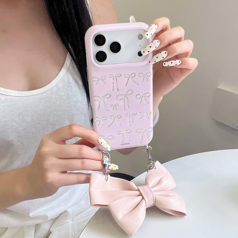 Cute Butterfly Knot Handheld Phone Case IPhone 17 Pro Max - Soft TPU Gel Cover With Chain Strap Pink White Black