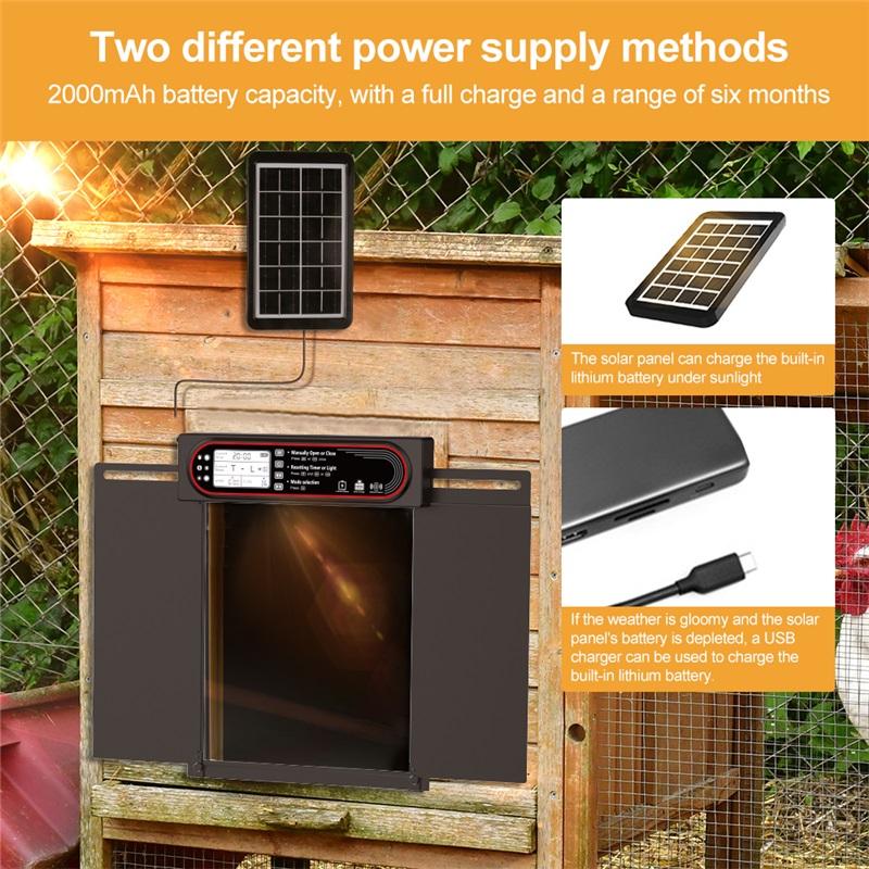 Automatic chicken coop door, hand-protection function, large-sized LCD display, timing mode and light sensor, solar-powered automatic operation