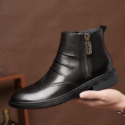 Nové Pánské Boty pro volný čas Podzim Zima Plyšové Teplé Pánské Kozačky Pravá kůže Boční Zip Boty Brogue Luxusní Chelsea Kozačky