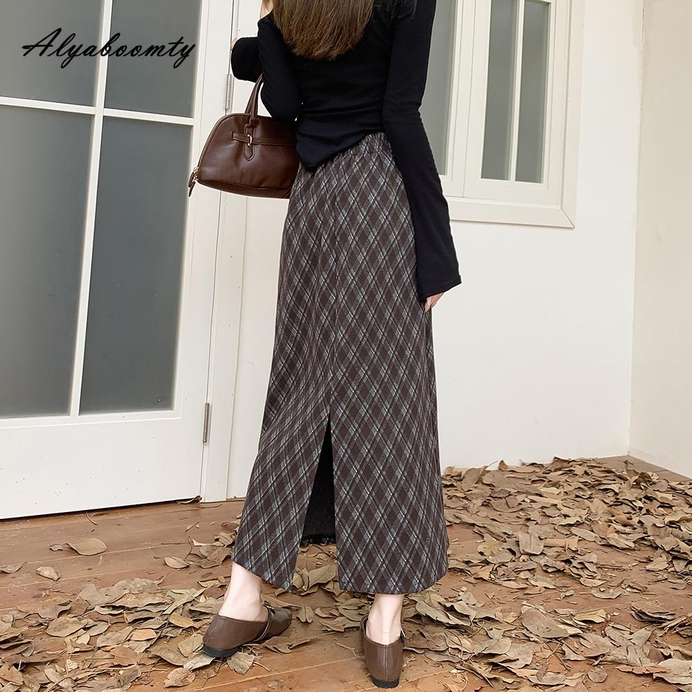 Korean Fashion Autumn Winter Women Plaid Midi Skirt High Waist Brown Navy Plaid Split Skirt Vintage Elegant Feminine Ladies' Skirts Womens