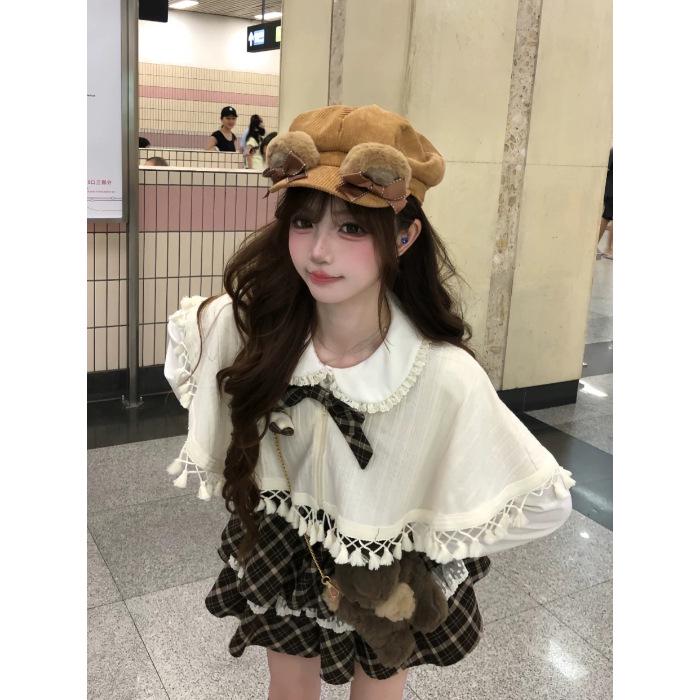 Chic Retro Plaid Shawl Cape Two-Piece Dress S