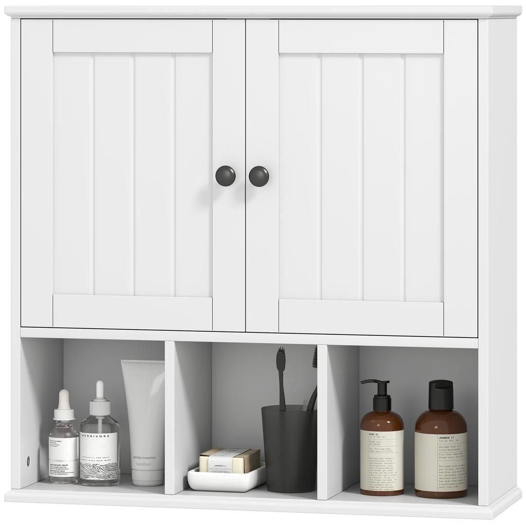 Wall-mounted bathroom cabinet, storage furniture with 2 doors, adjustable shelf and open compartments, white