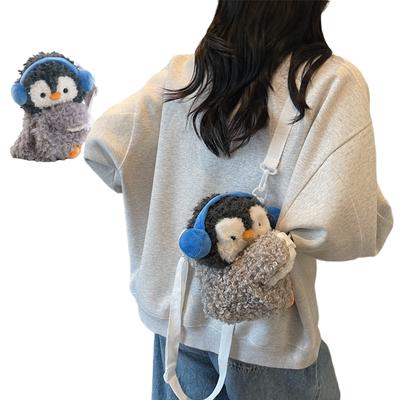 Cute Penguin Plush Crossbody Bag Fluffy Curly Hair Animal Stuffed Doll Kawaii Plushie Jk Backpack for Women Bag Birthday Gift