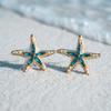 Fashion Exaggerated Blue Rhinestone Starfish Stud Earring for Women Metal Imitation Pearl Textured Earring Beach Jewelry Gift