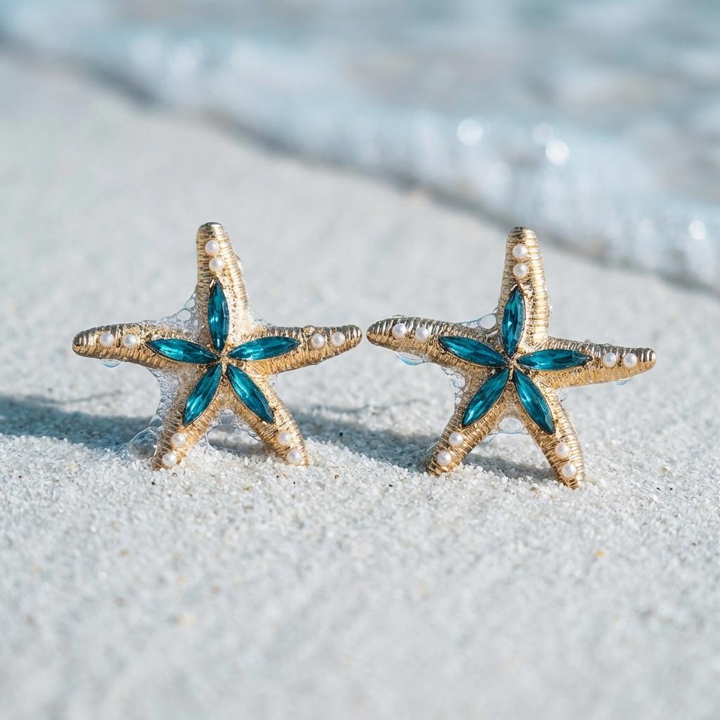 Fashion Exaggerated Blue Rhinestone Starfish Stud Earring for Women Metal Imitation Pearl Textured Earring Beach Jewelry Gift