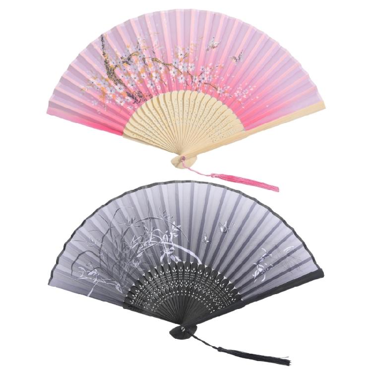 2Pcs Florals Folding Hand Fan Handheld Folding Fan with Flower Pattern Fabric Folding Fan for Wedding Dancing Party