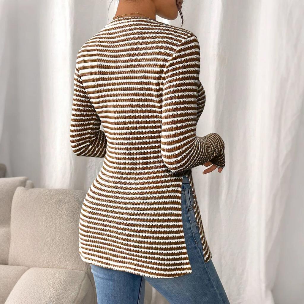 Women's Fashion Round Neck Slit Long Sleeve Color Top