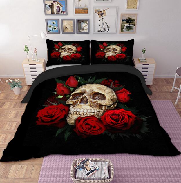 3D skull bed linen set cartoon watercolor rose flower skull quilt cover cushion cover queen size white bed cover set