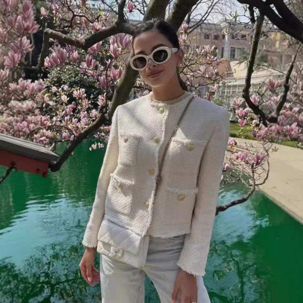 Chic Female Tweed Basic Jacket Coat Women Clothing Woolen Outerwear Long Sleeve Front Button Female Outerwear Chic Tops