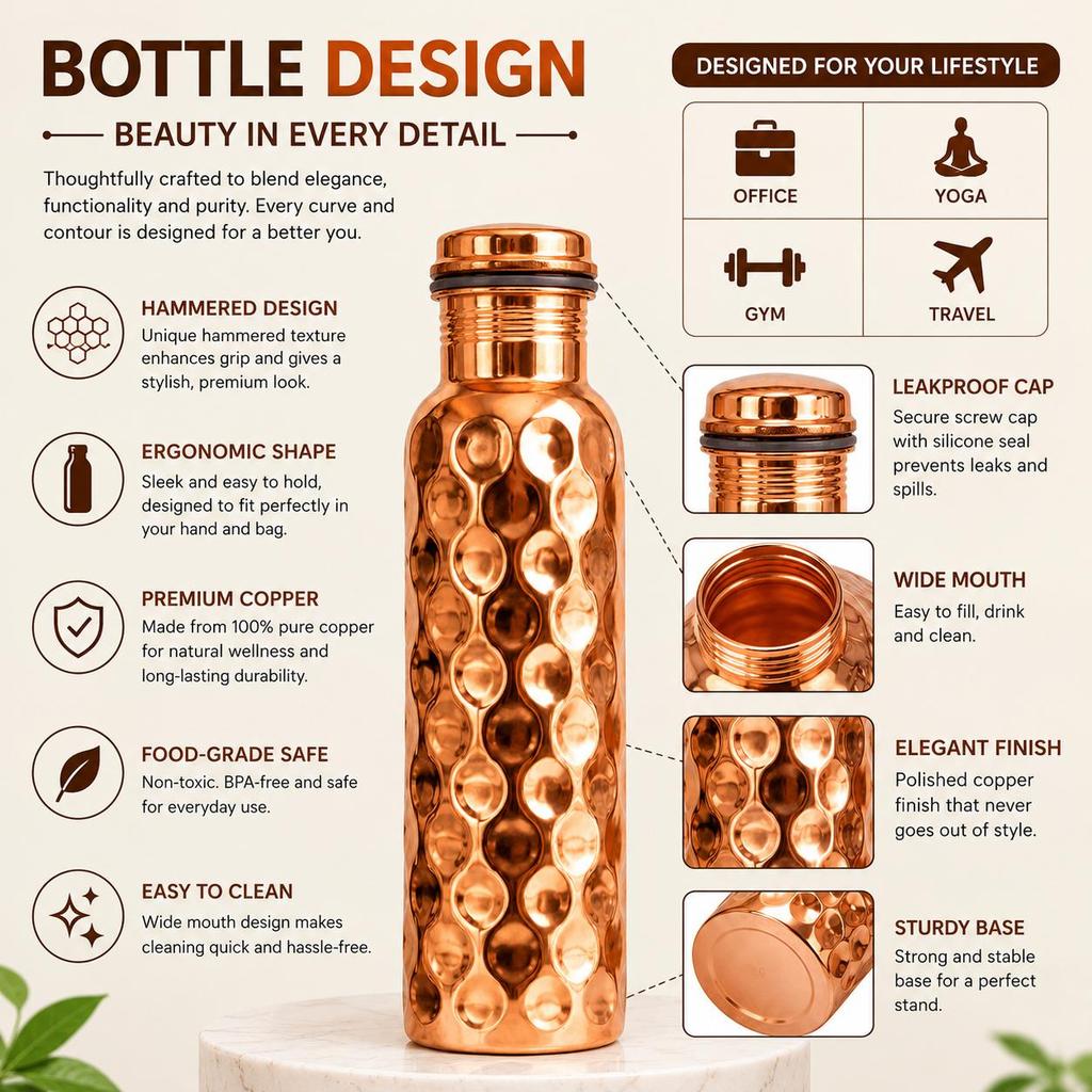 Nirmal Ganga Diamond Design Copper Bottle 1L – Pack of 1