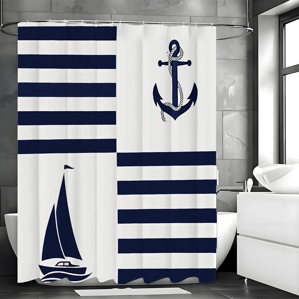 Blue and White Striped Anchor Sailboat Shower Curtain, Bathroom Decorative Shower Curtain, Waterproof Shower Curtain with Hooks