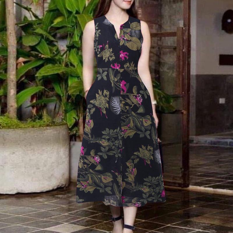 

ZANZEA Женское повседневное хлопковое платье с V-образным вырезом, без рукавов, с цветочным принтом XL