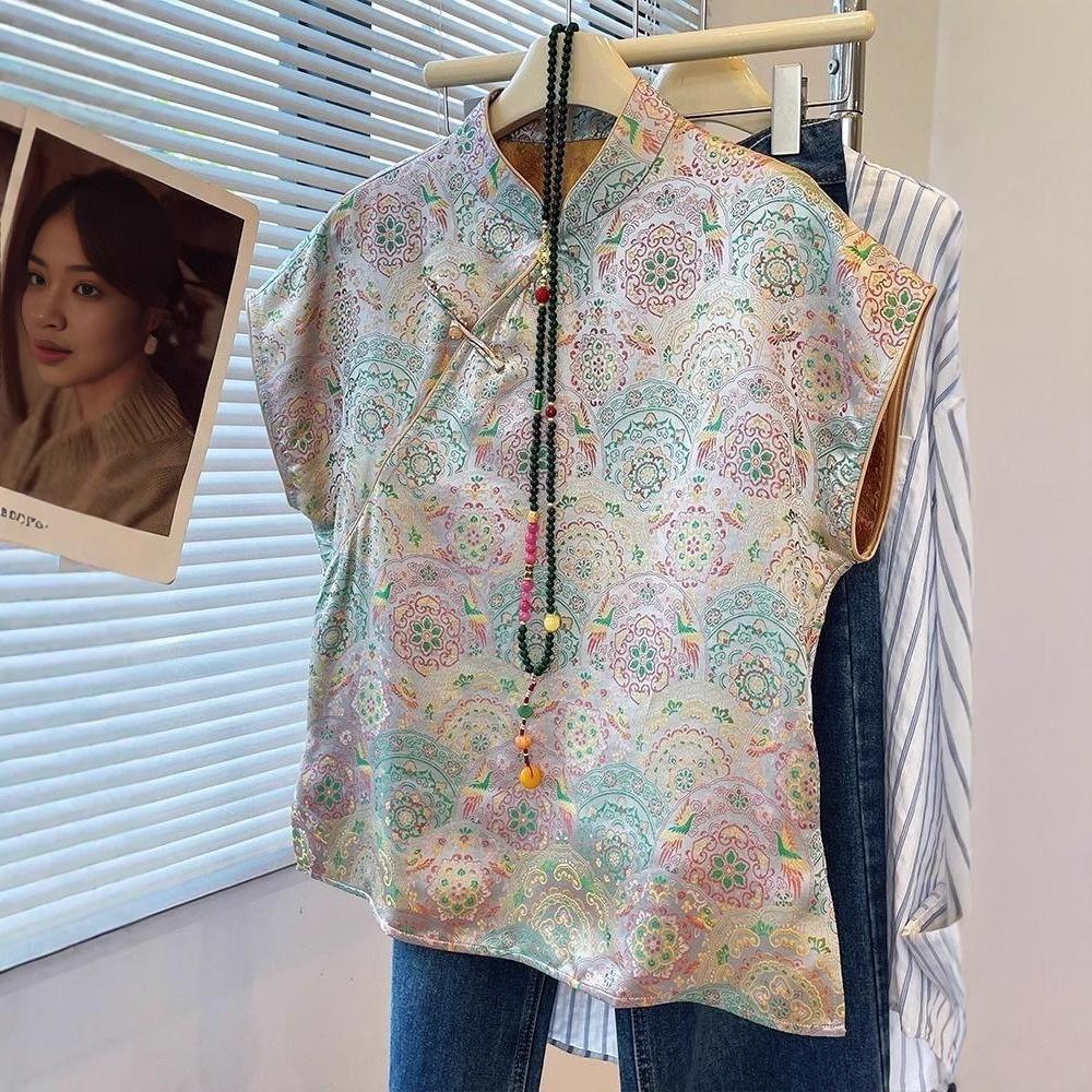 Wear a high-end satin printed shirt 2025 summer thin retro shirt T-shirt