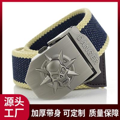 Cinturón de lona gruesa con aleación de calavera para hombre, alargado, deportivo, juvenil, con hebilla automática, para vaqueros