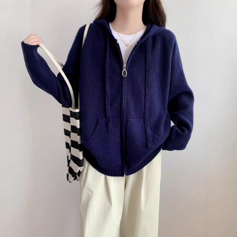 Lazy Wind Hooded Sweater Jacket Women's Autumn and Winter New Loose Casual Zipper Knitted Cardigan Jacket
