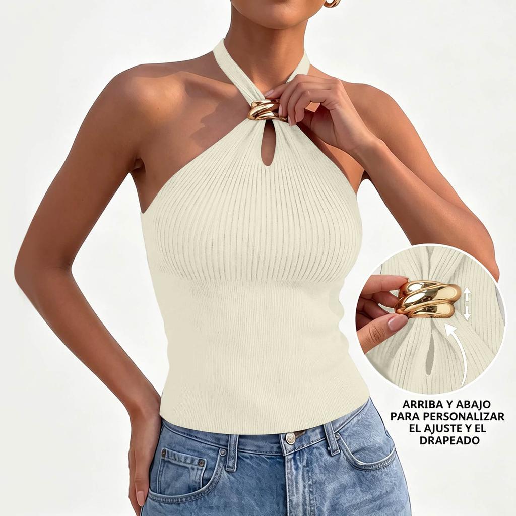 Women Sleeveless Ribbed Knit Halter Neck Crop Top with Metal Ring Buckle Slim Fit Stretchy Summer Casual Tank Top