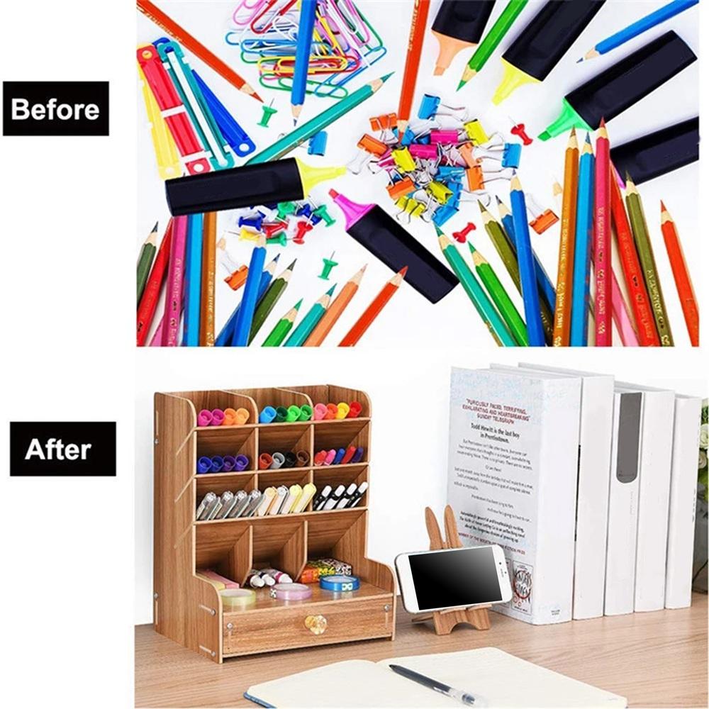 Dřevěný stolní organizér Multifunkční krabička na pera pro kutily Stolní stacionární stojan pro domácí kancelářské potřeby