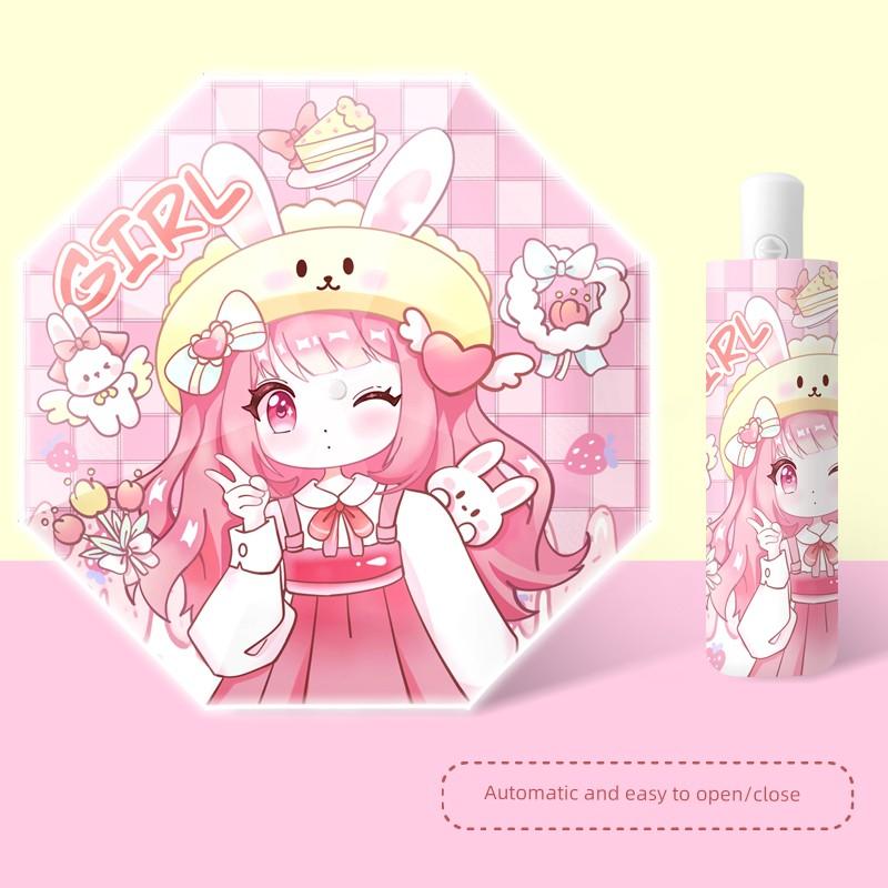 Strawberry Rabbit Safety Anti-Rebound Kids Umbrella Primary School Girls Rain and Rain Dual-Use School Dedicated Foldable Self-Opening Umbrella