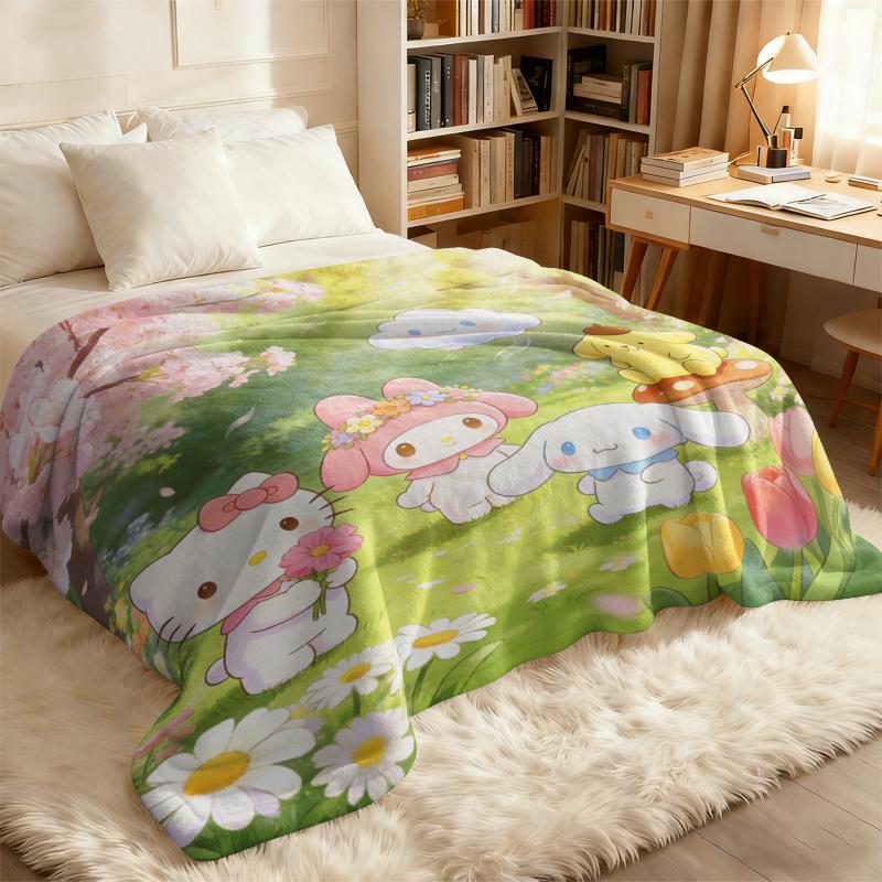Sanrio Spring Forest Flannel Blanket Kawaii Hello Kitty Print Soft Warm Fluffy Throw Bed Sofa Cover Nap Office Shawl Summer