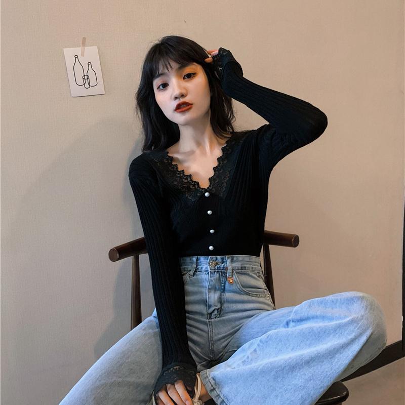 

Кружевной пэчворк V-образный вырез свитера Основа свитера трикотаж женский черный с длинными рукавами топ L чёрный