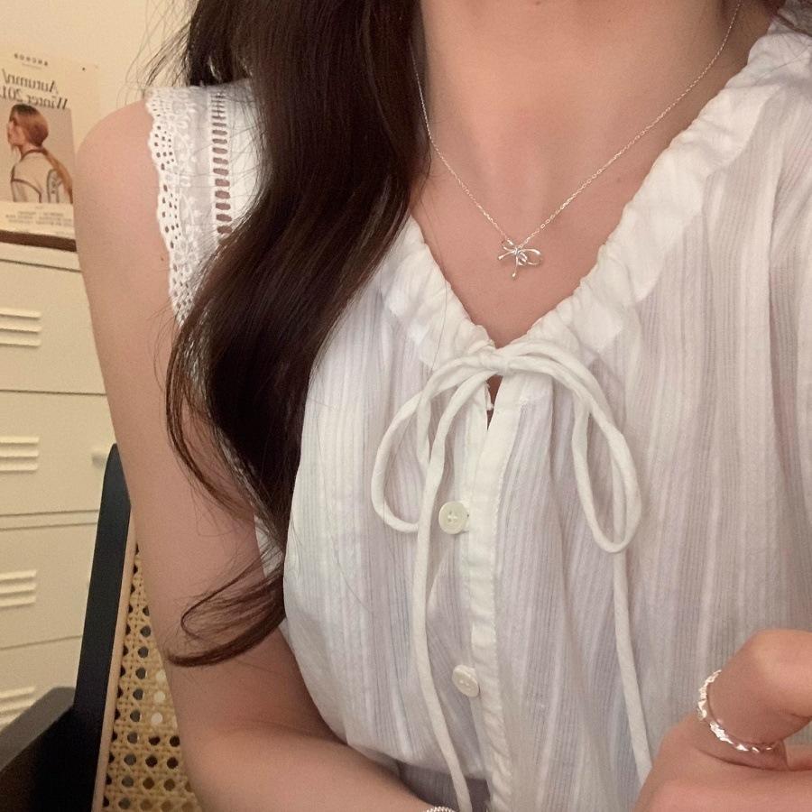 Korean simple line bow necklace female design collarbone chain daily neck chain
