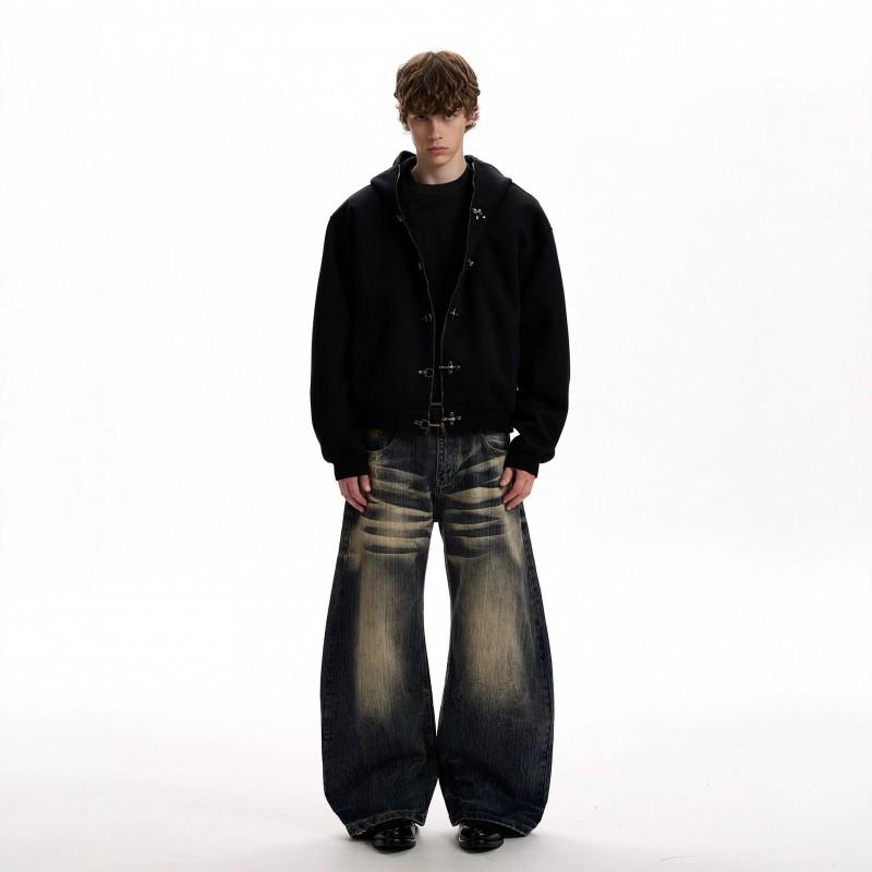 Mens Retro American Style Zip Hoodie Boxy Fit Short Streetwear Jacket