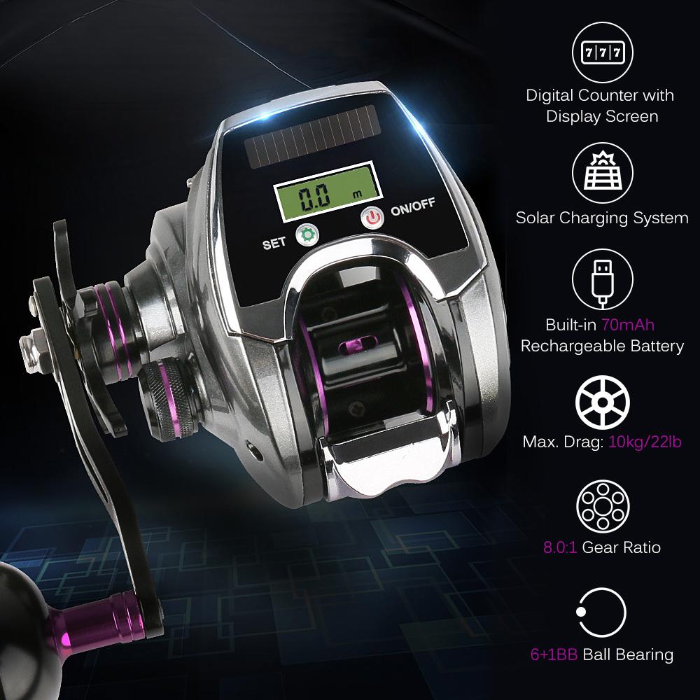 6+1BB 8.0:1 Ratio Digital Display Baitcasting Reel with Sun Power Charging System High Speed Fishing Reel with Line Counter