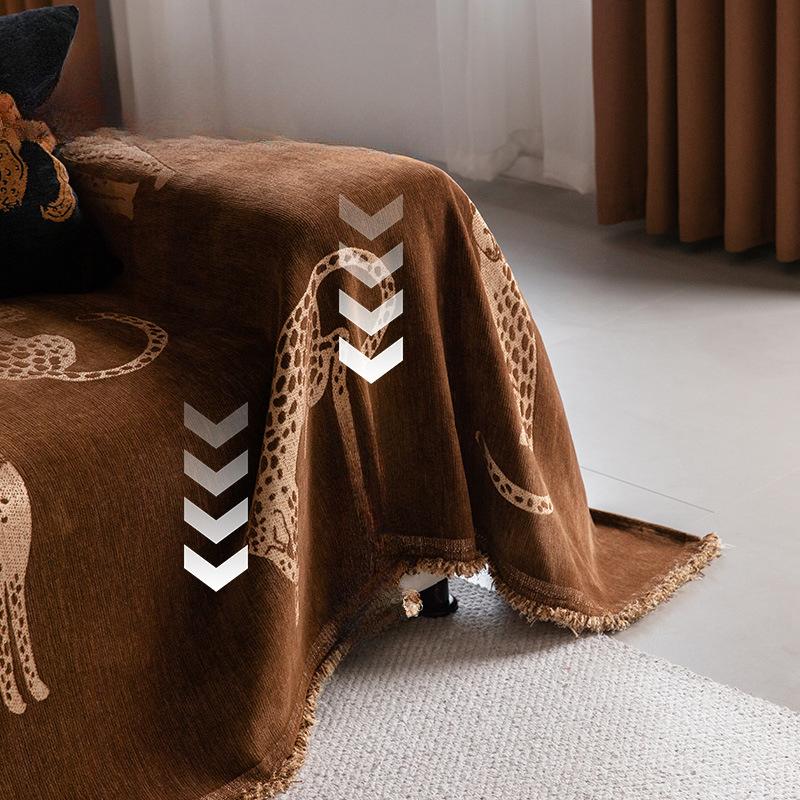 Capa de Sofá Jacquard Chenille Leopardo com Franjas, Design de Almofada T, Capa de Proteção Reversível Luxuosa para Poltrona a Sofá Seccional