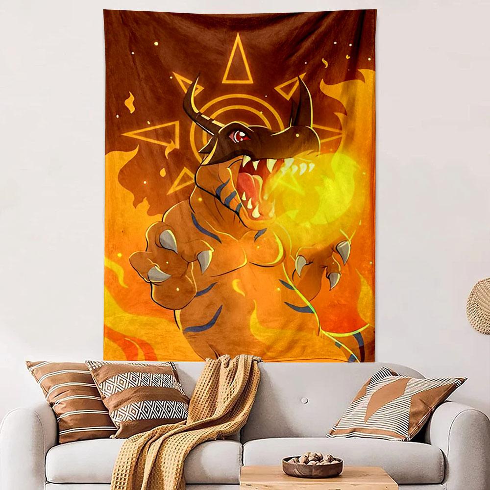 Digimon Greymon Breathing Fire Orange Flames Courage Crest Wall Tapestry Anime Monster Decor for Bedroom Game Room Gift