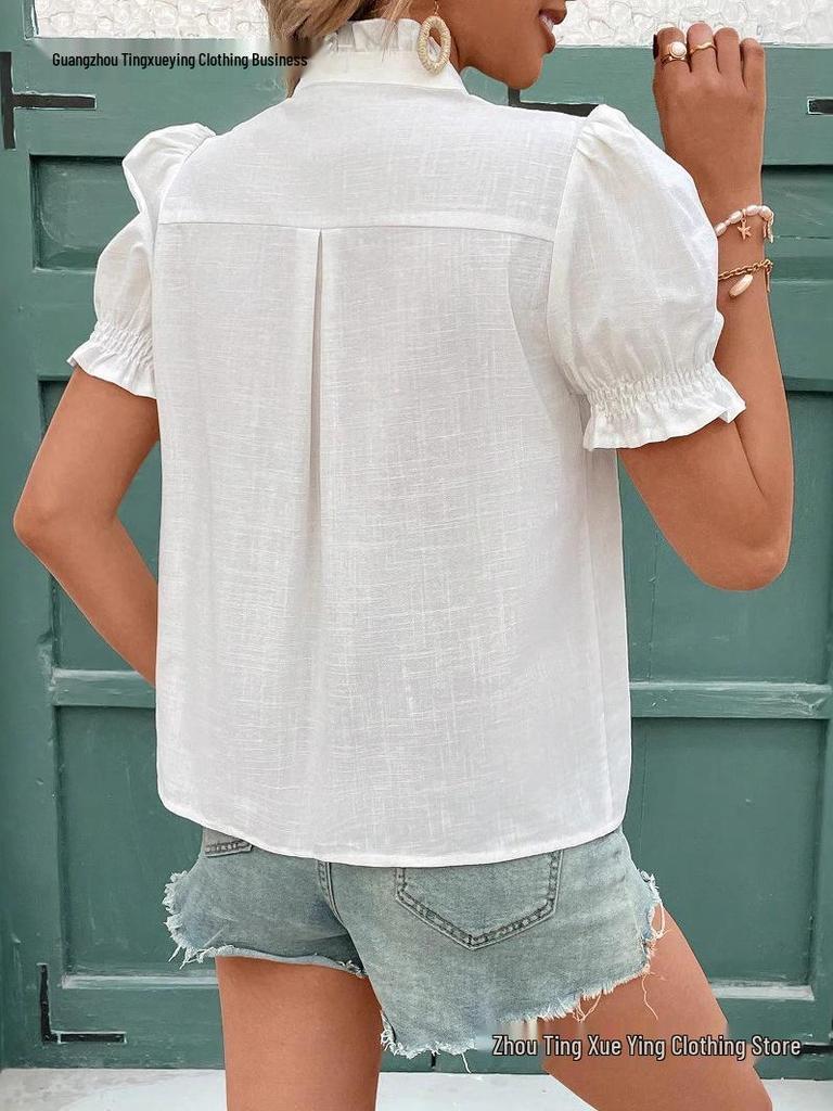 Spring/Summer Women's Puff Sleeve Cotton Embroidered Button Cardigan Top