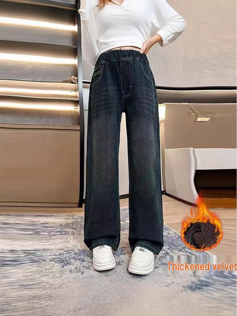 Girls' Fleece-Lined Wide-Leg Winter Jeans: 2025 New Style, Thickened & Warm for Middle To Big Kids