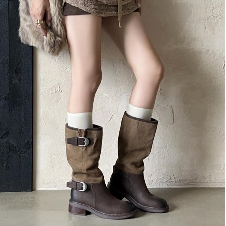 

Color matching pleated stacking boots women s autumn and winter new long tube Maillard high boots big tube circumference western cowboy knight boots 40