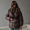 Women's Hooded Down Jacket Drawstring Waist Warm Parker Coat Solid Pocket Zipper Outwear Thicken Long Sleeves Coats